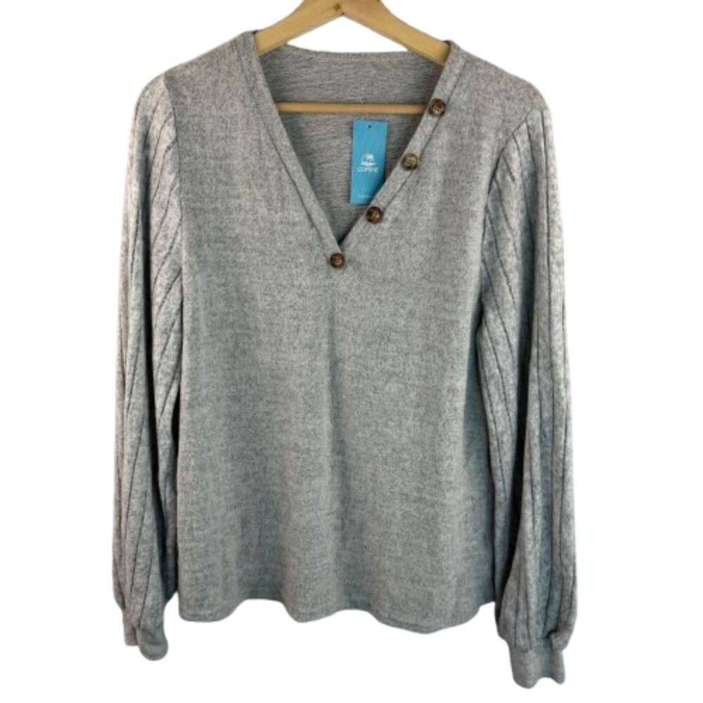 Cupshe Sweater Top V-Neck Button Front Ribbed Balloon Sleeve Heather Gray Medium